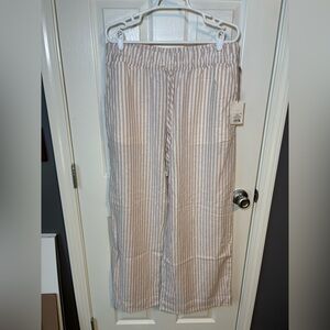 A New Day tan & white striped wide legged linen pants Size L NWT